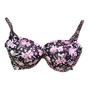 Victoria’s Secret Push Up Bra Wired Black Floral Leopard Trim 34DD Padded